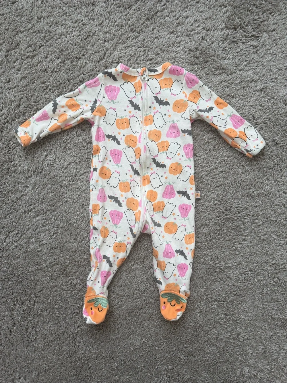 Holiday Ghost & Pumpkin Zip-Front Footed Pajama - White with Orange & Pink
